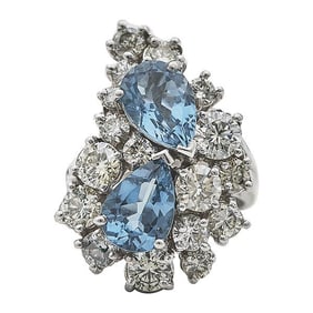 14k White Gold Blue Topaz and Diamond Cluster Ring