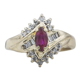 14k Yellow Gold Marquise-Shaped Ruby and Diamond Ring
