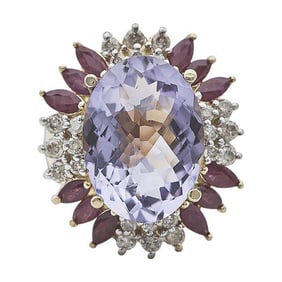 14k Yellow Gold Amethyst, Ruby and Diamond Ring