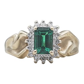 14k Yellow Gold Emerald and Diamond Halo Ring