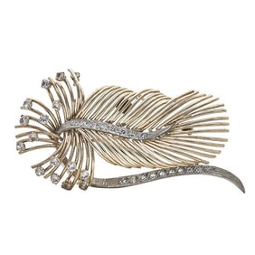 18k Yellow Gold Diamond and White Topaz Feather Brooch Pin