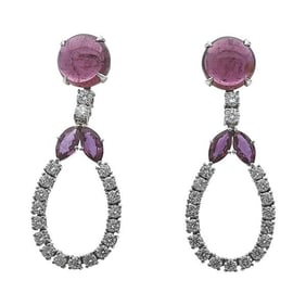Pair of Suarez 18k White Gold Diamond and Rubellite Drop Earrings