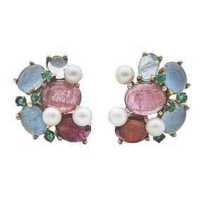 Pair of 14k Yellow Gold Multi Gem-Set Earrings