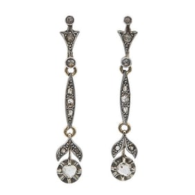 Pair of Antique 18k Yellow Gold and Platinum Diamond Drop Earrings