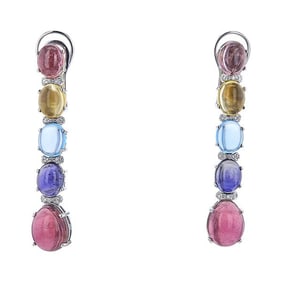Pair of 18k White Gold Diamond and Multi Gem-Set Drop Earrings