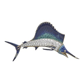 Tiffany & Co. 18k Yellow Gold and Platinum Diamond and Enamel Sailfish Brooch Pin