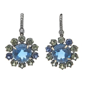 Pair of 18k White Gold Multi Gem-Set Drop Earrings