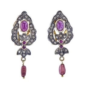 Pair of 14k Yellow Gold and Silver Ruby and Diamond Earrings