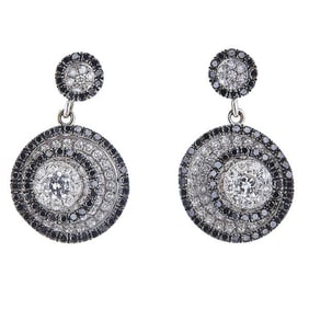 Pair of 18k White Gold Black Diamond and Diamond Drop Earrings