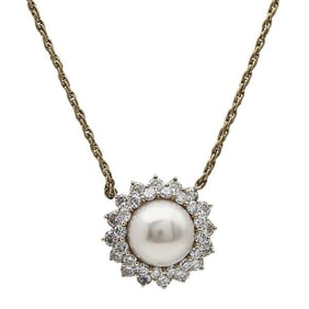 18k and 14k Yellow Gold Mabe Pearl and Diamond Pendant Necklace