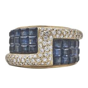 18k Yellow Gold Diamond and Invisible-Set Sapphire Band Ring