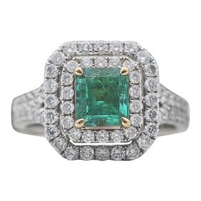 18k White and Yellow Gold Emerald and Diamond Double Halo Ring