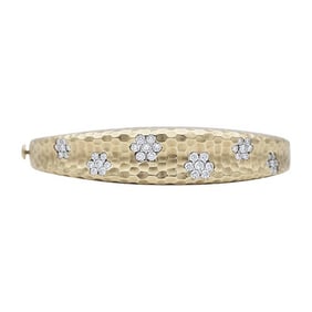 Roberto Coin Hammered 18k Yellow Gold Diamond Flower Bangle Bracelet