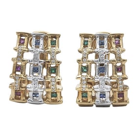 Pair of 18k Yellow and White Gold Multi Gem-Set Hoop Huggie Earrings