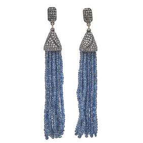 Pair of 18k Yellow Gold and Silver Diamond and Sapphire Tassel Earrings