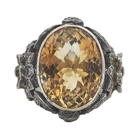 18k Yellow Gold and Silver Citrine and Diamond Cocktail Ring