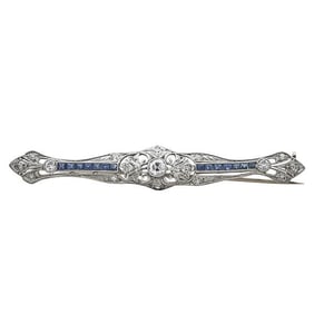 Edwardian Platinum Diamond and Sapphire Bar Brooch Pin