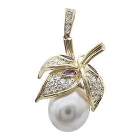 18k Yellow Gold Pearl, Diamond and Ruby Floral Leaf Pendant