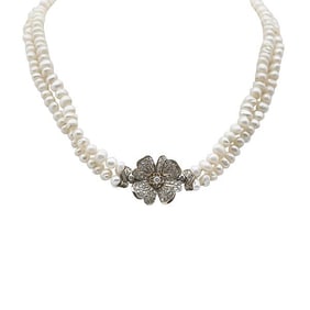 Double Strand Freshwater Pearl Necklace with Detachable 14k Yellow Gold Diamond Floral Pin Clasp