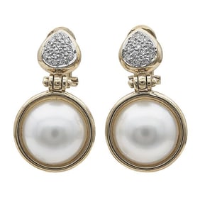 Pair of 14k Yellow Gold Diamond and Mabe Pearl Drop Earrings
