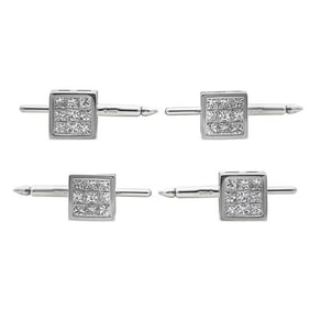 14k White Gold Diamond Square Shirt Stud Set