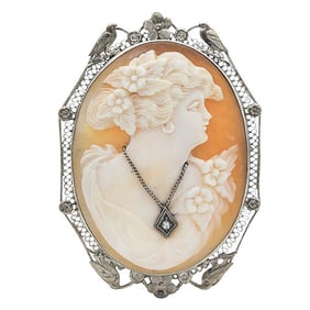 14k Yellow Gold Cameo and Diamond Convertible Brooch and Pendant