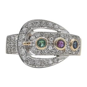 18k Yellow and White Gold Multi Gem-Set Buckle Band Ring
