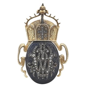 Antique 14k Yellow Gold Lapis Lazuli and Diamond Scarab Brooch Pin