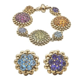 Gioielmoda 18k Yellow Gold Multi Gem-Set Bracelet and Earrings Suite
