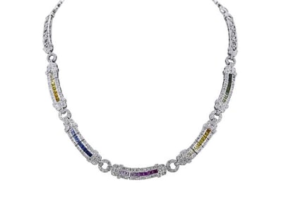 14k White Gold Multicolored Sapphire and Diamond Necklace