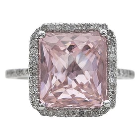 14k White Gold Pink CZ and Diamond Halo Ring