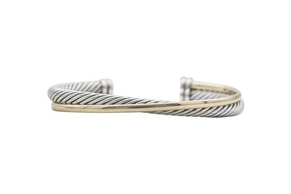 David Yurman Two Row Crossover 18k Yellow Gold and Sterling Silver Cuff Bracelet