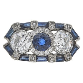 Art Deco Platinum Old European Diamond and Sapphire Ring