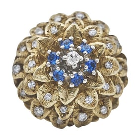 18k Yellow Gold Diamond and Simulant Chrysanthemum Flower Cocktail Ring