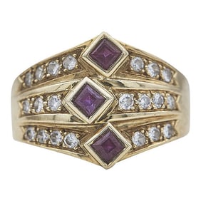 18k Yellow Gold Bezel-Set Ruby and Diamond Three Row Ring