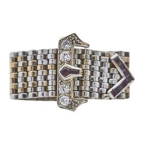 14k White and Yellow Gold Diamond and Ruby Buckle Flexible Chain Ring