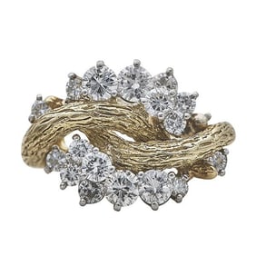 18k Yellow Gold and Platinum Diamond Flowering Branch Ring