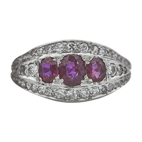 14k White Gold Diamond and Three Stone Ruby Band Ring