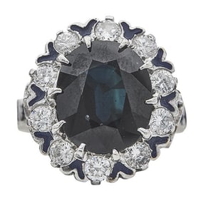 14k White Gold Sapphire, Diamond and Enamel Cocktail Ring