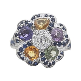 14k White Gold Multicolored Sapphire and Diamond Flower Ring
