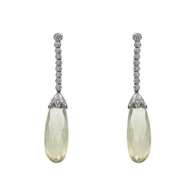Pair of Platinum Diamond and Briolette Yellow Sapphire Drop Earrings