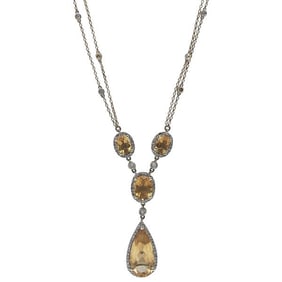 14k Yellow Gold Citrine and Diamond Pendant Drop Necklace
