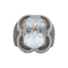 14k Yellow Gold Aquamarine, Sapphire and Diamond Cocktail Ring