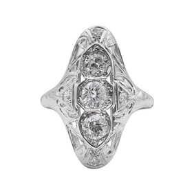 Art Deco Style 18k White Gold 3 Stone Diamond Ring