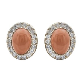 Pair of 14k Yellow Gold Orange Coral and Diamond Halo Earrings