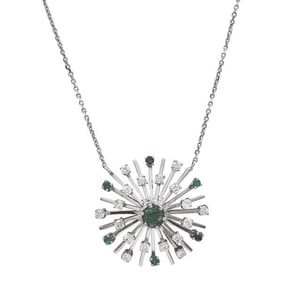 14k White Gold Diamond and Emerald Starburst Pendant Necklace