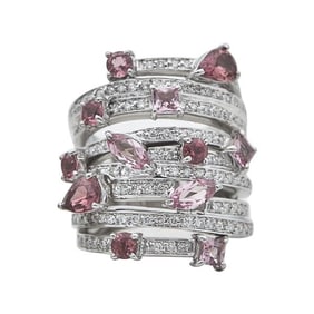 18k White Gold Pink Tourmaline and Diamond Multi-Row Cocktail Ring