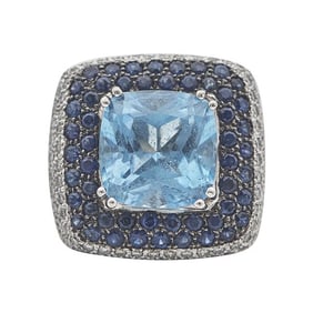 18k White Gold Topaz, Sapphire and Diamond Tiered Square Cocktail Ring