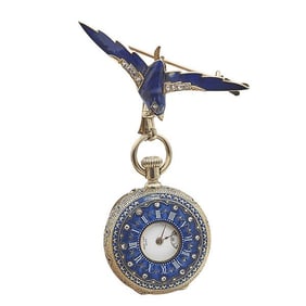 Vintage Henry Capt 18k Yellow Gold Enamel and Diamond Bird Pocket Watch Brooch, circa 1960