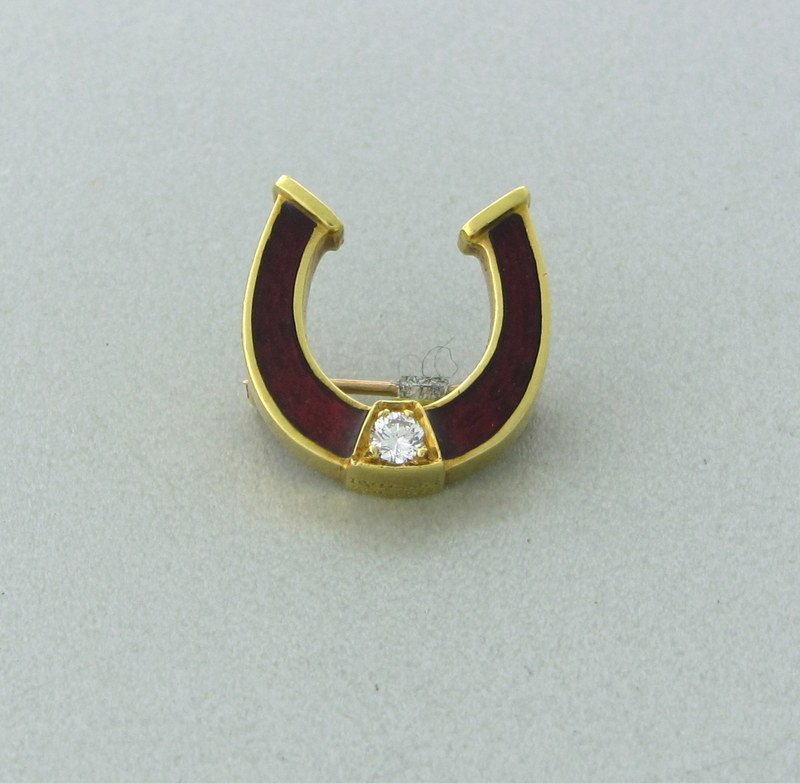 Bvlgari 18k Gold Diamond Enamel Lucky Horseshoe Pin: Bvlgari 18k diamond ruby horseshoe pin, Measurements - brooch is 15.3mm x 15.4mm. gemstone - diamond. marks - Bvlgari,c1446,750. weight - 3.3 grams. consignor #(me)tmy